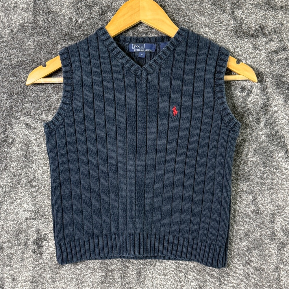 Vintage Polo Ralph Lauren Kids Sweater Vest Size 7‎ Navy Blue Cotton Knit V-Neck